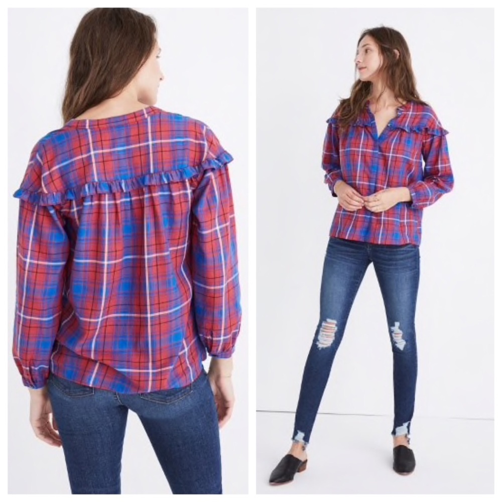 Madewell plaid shirred button-down top